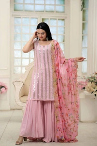 Antique Fashion 1 Be the center of Attractions with this Faux Blooming Sequins work Top With Rich Printed  Embroidered Dupatta Attached with ShararabSelect this with one blink and add in your wardrobe - pink, S (36)
