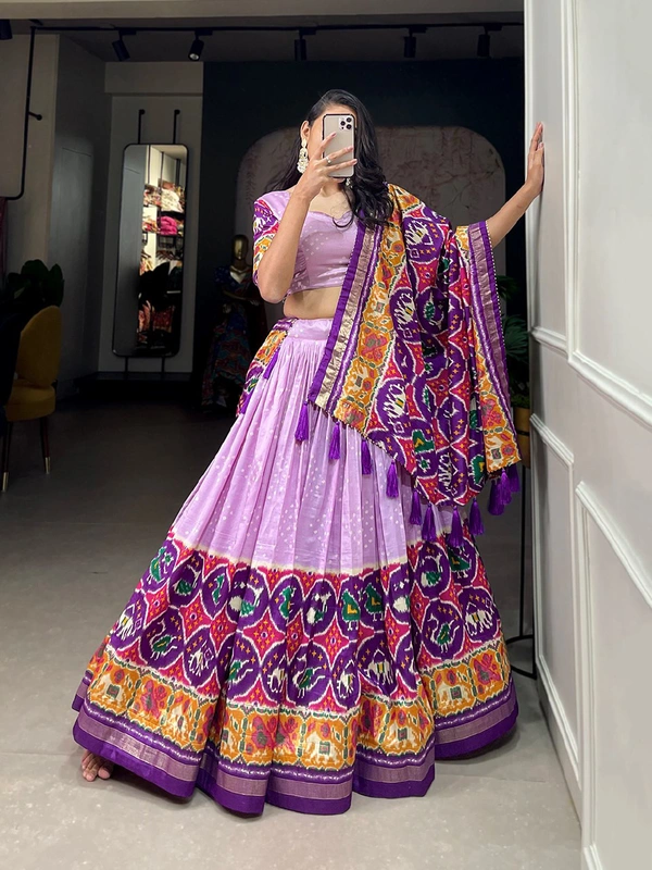 Antique Fashion  Step into the world of sheer Tussar Silk with Patola Print magic with these stunning lehenga! 💫 - levender
