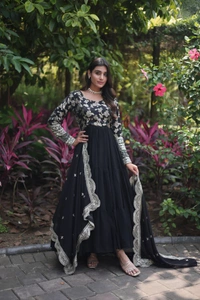 Antique Fashion 1 Faux Blooming gown with Viscose Dyable Jacquard With Sequins Embroidered Work Faux Blooming Dupatta  it will enhance can combine the best parts of western and Indian wear into one stunning ensemble - Black, S (36)