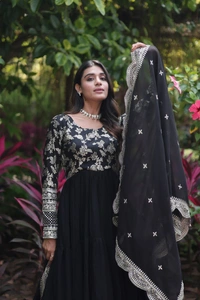 Antique Fashion 1 Faux Blooming gown with Viscose Dyable Jacquard With Sequins Embroidered Work Faux Blooming Dupatta  it will enhance can combine the best parts of western and Indian wear into one stunning ensemble - Black, S (36)