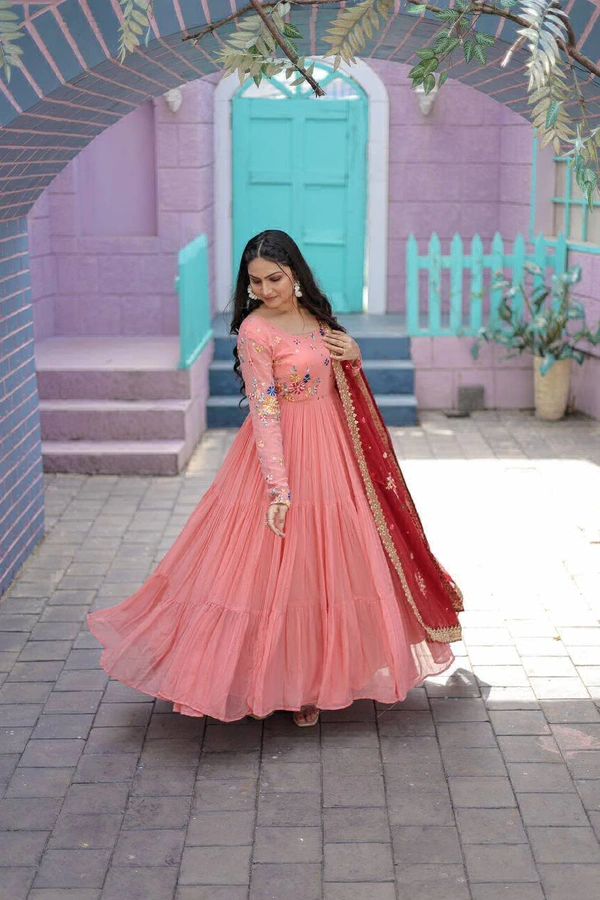 Antique Fashion 1  Faux Georgette Gown with Russian silk Dupatta With Adorable Embroidered thread work  - peach, S (36)