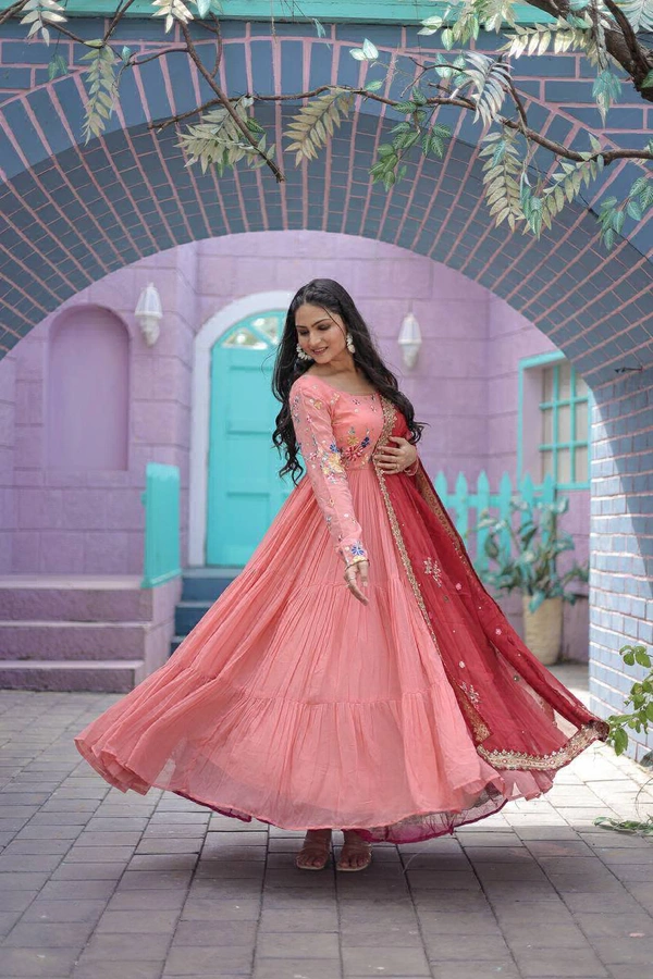 Antique Fashion 1  Faux Georgette Gown with Russian silk Dupatta With Adorable Embroidered thread work  - peach, S (36)
