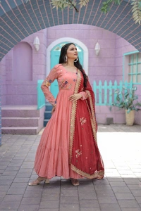 Antique Fashion 1  Faux Georgette Gown with Russian silk Dupatta With Adorable Embroidered thread work  - peach, S (36)