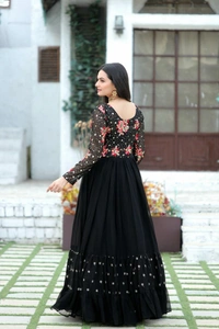 Antique Fashion 1 *Enchanting Looks Faux Blooming with Multi-thread Embroidery and Sequins work  Double Frill-Stitch with Full sleeves Gown.* - Black, Xl (42)