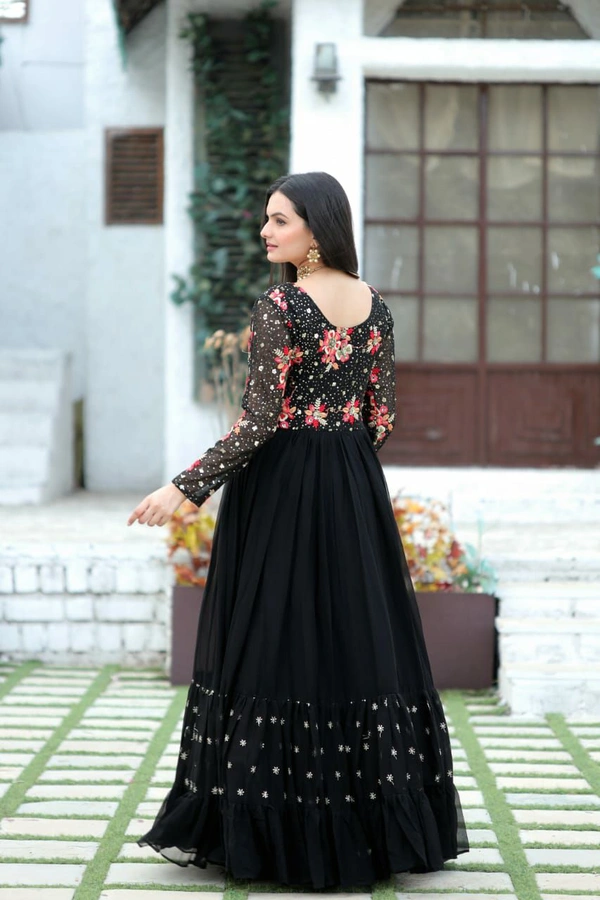 Antique Fashion 1 *Enchanting Looks Faux Blooming with Multi-thread Embroidery and Sequins work  Double Frill-Stitch with Full sleeves Gown.* - Black, Xl (42)