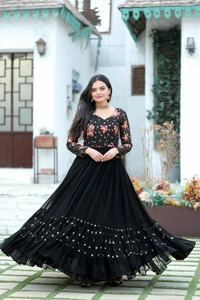 Antique Fashion 1 *Enchanting Looks Faux Blooming with Multi-thread Embroidery and Sequins work  Double Frill-Stitch with Full sleeves Gown.* - Black, Xl (42)