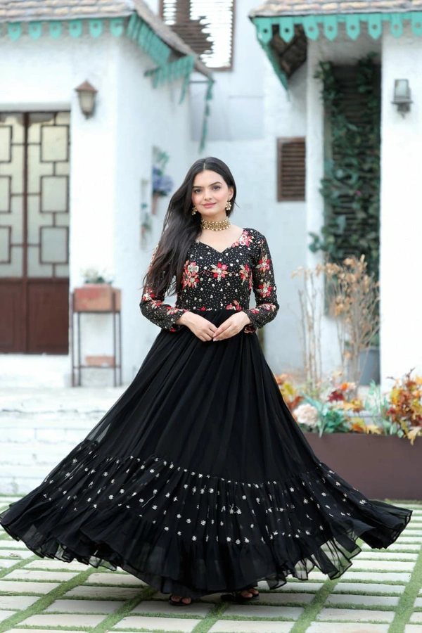Antique Fashion 1 *Enchanting Looks Faux Blooming with Multi-thread Embroidery and Sequins work  Double Frill-Stitch with Full sleeves Gown.* - Black, Xl (42)