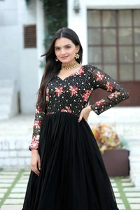 Antique Fashion 1 *Enchanting Looks Faux Blooming with Multi-thread Embroidery and Sequins work  Double Frill-Stitch with Full sleeves Gown.* - Black, Xl (42)