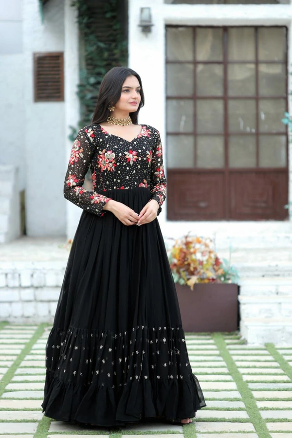 Antique Fashion 1 *Enchanting Looks Faux Blooming with Multi-thread Embroidery and Sequins work  Double Frill-Stitch with Full sleeves Gown.* - Black, Xxl (44)