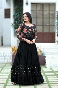Antique Fashion 1 *Enchanting Looks Faux Blooming with Multi-thread Embroidery and Sequins work  Double Frill-Stitch with Full sleeves Gown.* - Black, Xxl (44)