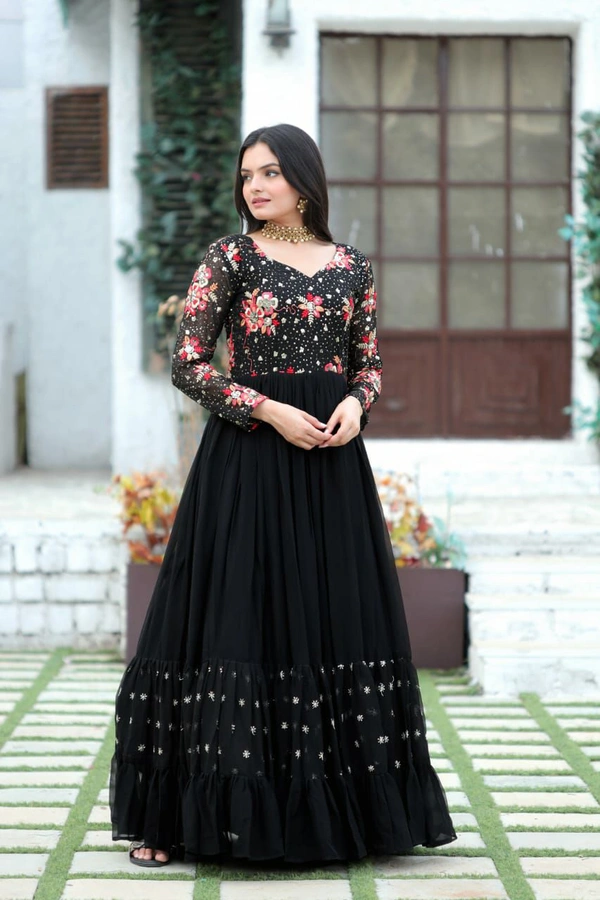 Antique Fashion 1 *Enchanting Looks Faux Blooming with Multi-thread Embroidery and Sequins work  Double Frill-Stitch with Full sleeves Gown.* - Black, M (38)