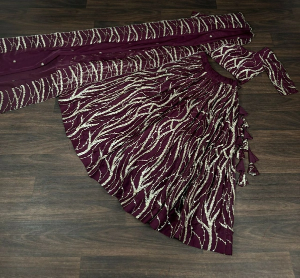 Antique Fashion 1 Enchanting Designer Tebby Silk Lehenga choli with Dupatta Set.  - wine