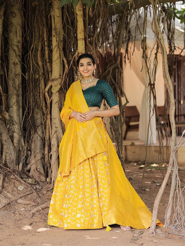 Antique Fashion  The trendy designer viscose chanderi lehenga is every bit dreamy and ethereal. Be it sangeet, mehendi or other bridal occasions this outfit deserves all praise - yellow