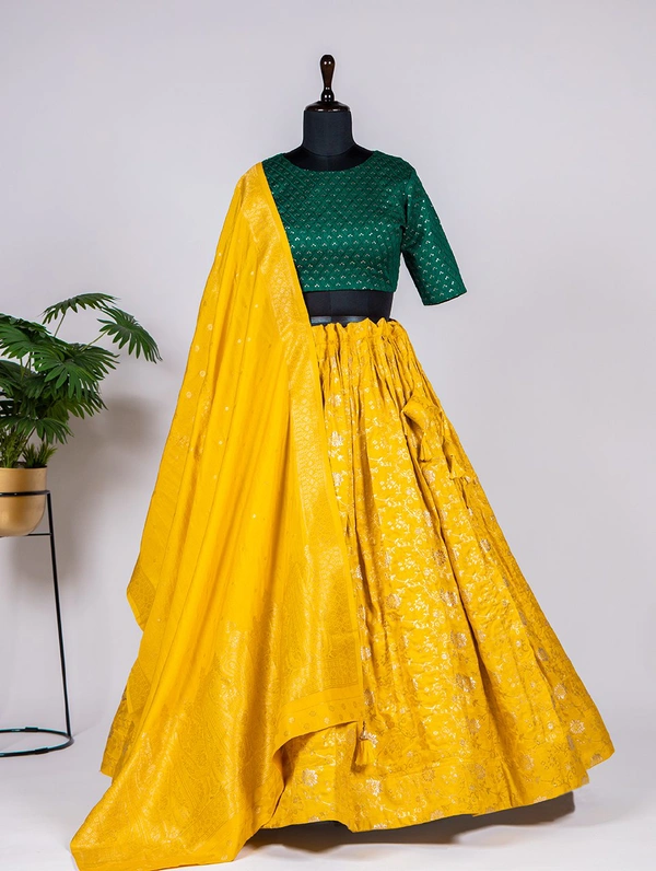 Antique Fashion  The trendy designer viscose chanderi lehenga is every bit dreamy and ethereal. Be it sangeet, mehendi or other bridal occasions this outfit deserves all praise - yellow