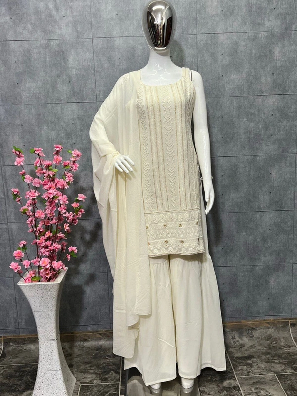 Antique Fashion   most demanded Beautiful pure Lukhnowi kurta embroidery cotton thread worknsequence work Nsharara And duppta set ready to wear  - S (36), off white