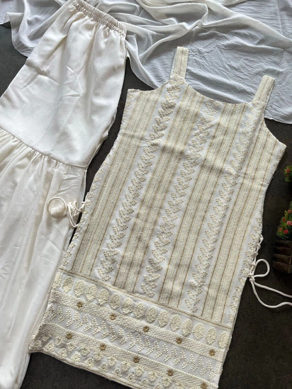 Antique Fashion   most demanded Beautiful pure Lukhnowi kurta embroidery cotton thread worknsequence work Nsharara And duppta set ready to wear  - S (36), off white