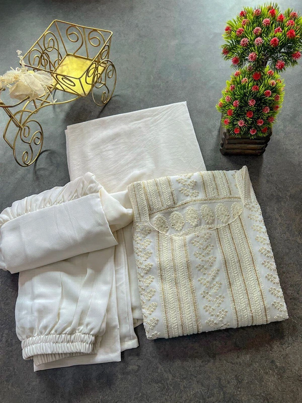 Antique Fashion   most demanded Beautiful pure Lukhnowi kurta embroidery cotton thread worknsequence work Nsharara And duppta set ready to wear  - S (36), off white