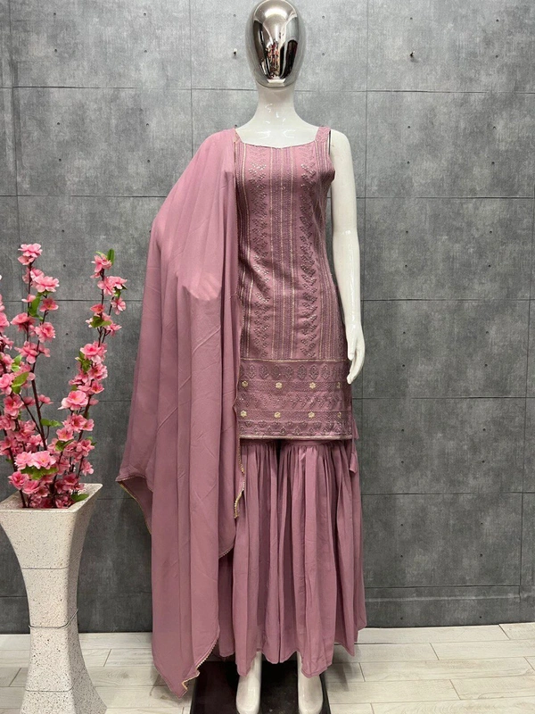 Antique Fashion   most demanded Beautiful pure Lukhnowi kurta embroidery cotton thread worknsequence work Nsharara And duppta set ready to wear  - M (38), mauve pink