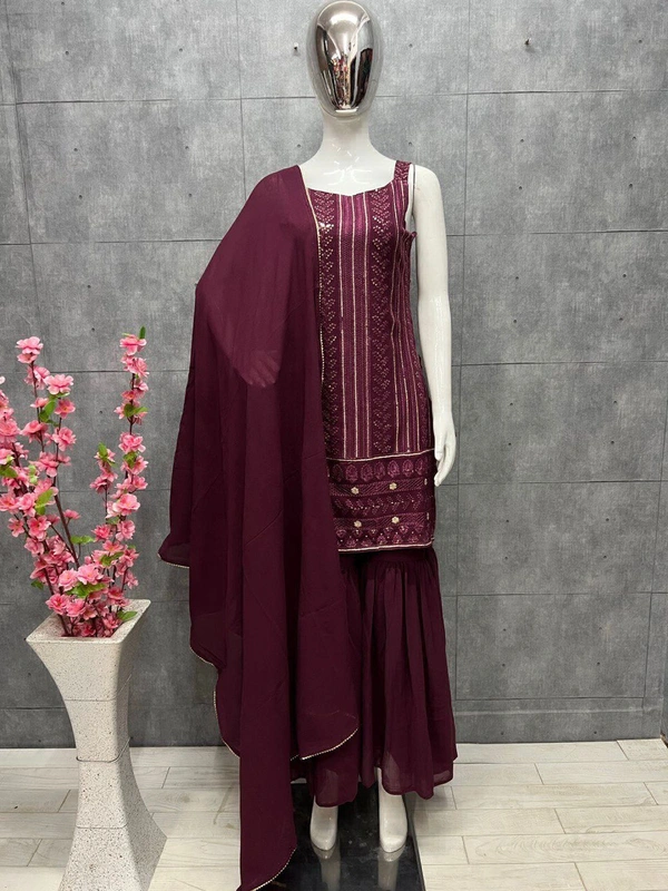 Antique Fashion   most demanded Beautiful pure Lukhnowi kurta embroidery cotton thread worknsequence work Nsharara And duppta set ready to wear  - Xl (40), wine