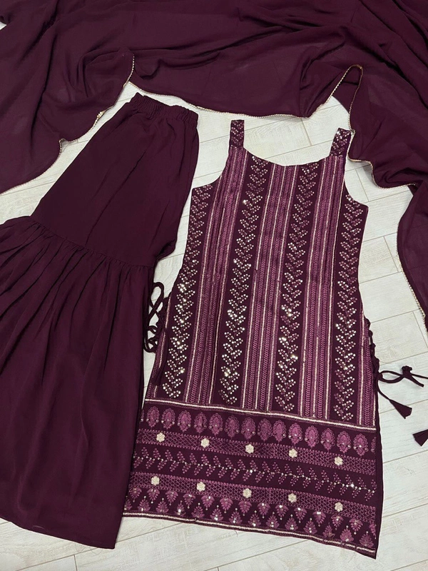 Antique Fashion   most demanded Beautiful pure Lukhnowi kurta embroidery cotton thread worknsequence work Nsharara And duppta set ready to wear  - Xl (40), wine
