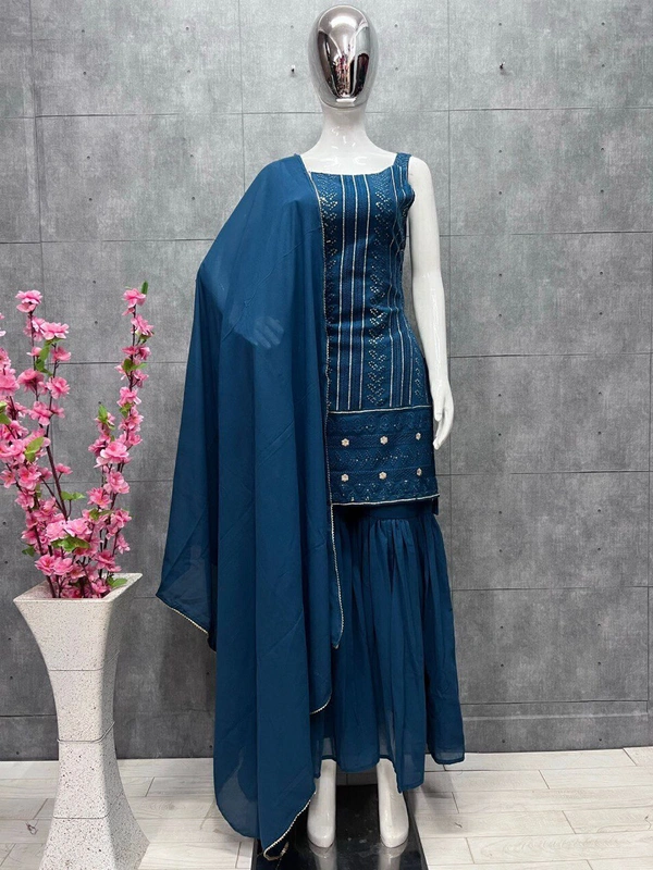 Antique Fashion   most demanded Beautiful pure Lukhnowi kurta embroidery cotton thread worknsequence work Nsharara And duppta set ready to wear  - Xl (40), teal blue