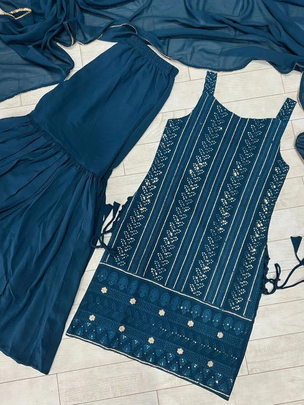 Antique Fashion   most demanded Beautiful pure Lukhnowi kurta embroidery cotton thread worknsequence work Nsharara And duppta set ready to wear  - Xl (40), teal blue