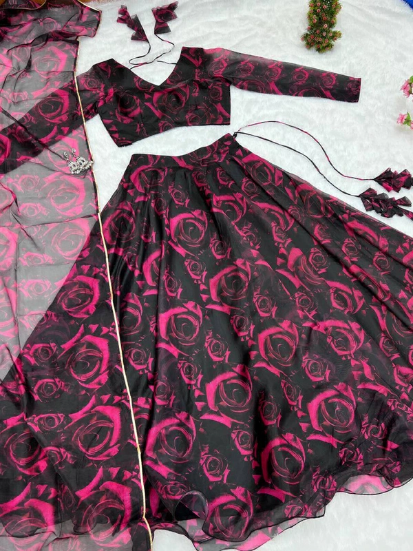 Antique Fashion  PRESENTING NEW  *ROSE PRINT ORGANJA FABRIC LEHENGHA CHOLI PICO WIRE STTICHED WITH DUPPTA,WITH FANCY BLOUSE FULLY STTICHED READY TO WEAR* - X's (34)