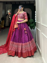 Antique Fashion 1 The timeless bandhani print chaniya choli showcases intricate ajrakh print and foil lacework  combining elegance and tradition in a stunning ensemble for Function  - Purple