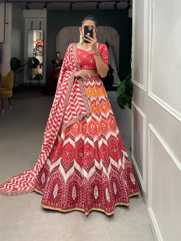 Antique Fashion  Adding a touch of grace to your most relevant day with this beauty of a printed vaishali silk lehenga   - Red