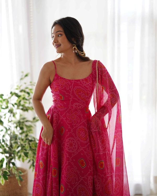Antique Fashion  PRESENTING NEW DESIGNER PURE SOFT LIGHTWEIGHT CHIFFON BANDHEJ FULLY FLAIR GOWN,DUPPTA ,PENT SET READY TO WEAR FULLY STTICHED - S (36), pink