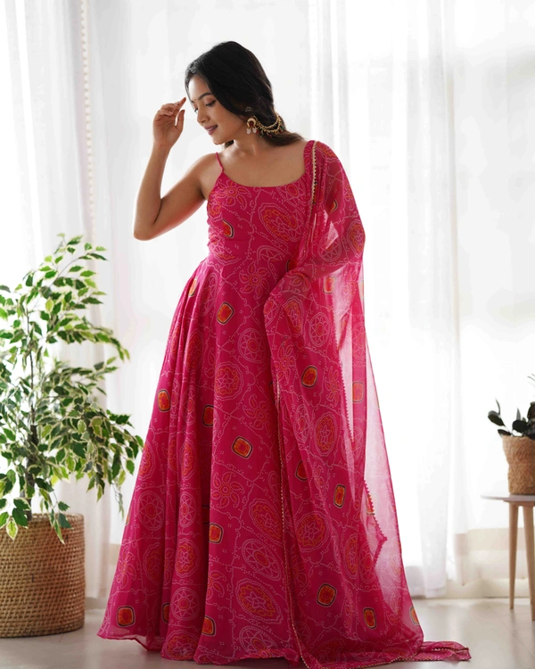 Antique Fashion  PRESENTING NEW DESIGNER PURE SOFT LIGHTWEIGHT CHIFFON BANDHEJ FULLY FLAIR GOWN,DUPPTA ,PENT SET READY TO WEAR FULLY STTICHED - S (36), pink