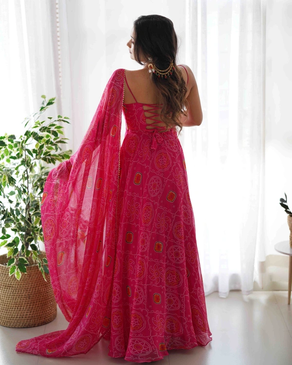 Antique Fashion  PRESENTING NEW DESIGNER PURE SOFT LIGHTWEIGHT CHIFFON BANDHEJ FULLY FLAIR GOWN,DUPPTA ,PENT SET READY TO WEAR FULLY STTICHED - S (36), pink