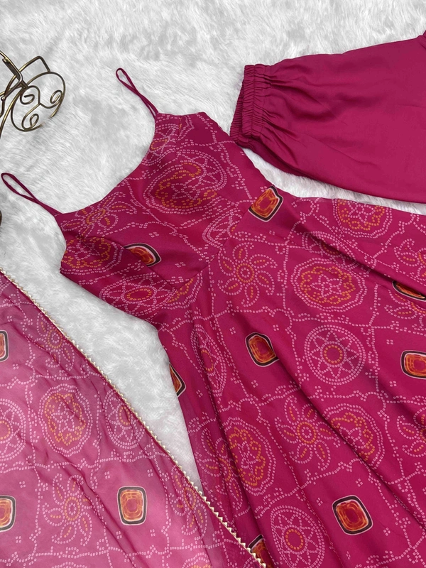 Antique Fashion  PRESENTING NEW DESIGNER PURE SOFT LIGHTWEIGHT CHIFFON BANDHEJ FULLY FLAIR GOWN,DUPPTA ,PENT SET READY TO WEAR FULLY STTICHED - S (36), pink