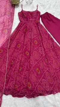 Antique Fashion 1 PRESENTING NEW DESIGNER PURE SOFT LIGHTWEIGHT CHIFFON BANDHEJ FULLY FLAIR GOWN,DUPPTA ,PENT SET READY TO WEAR FULLY STTICHED - S (36), pink
