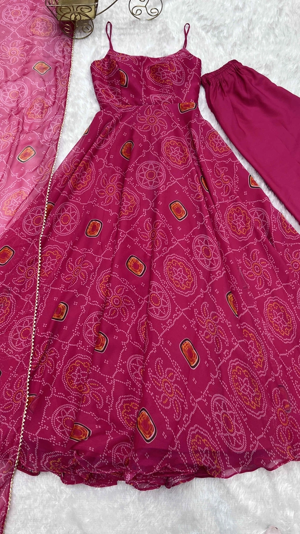 Antique Fashion  PRESENTING NEW DESIGNER PURE SOFT LIGHTWEIGHT CHIFFON BANDHEJ FULLY FLAIR GOWN,DUPPTA ,PENT SET READY TO WEAR FULLY STTICHED - S (36), pink