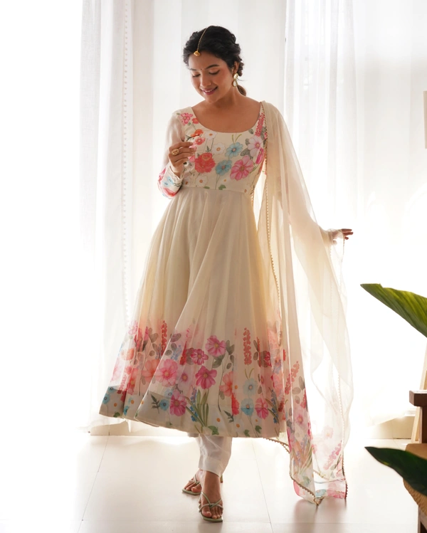 Antique Fashion  REAL MODELING PURE SOFT ORGANJA SILK FABRIC FULLY FLAIR KALI PATTERN AND CANVAS PATTA WITH DUPPTA SET ,PENT READY TO WEAR* - X's (34), cream