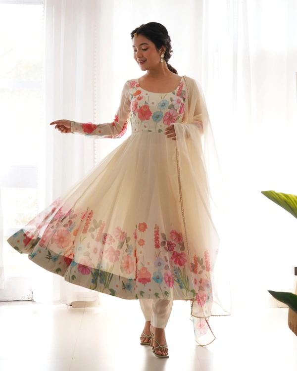 Antique Fashion  REAL MODELING PURE SOFT ORGANJA SILK FABRIC FULLY FLAIR KALI PATTERN AND CANVAS PATTA WITH DUPPTA SET ,PENT READY TO WEAR* - S (36), cream