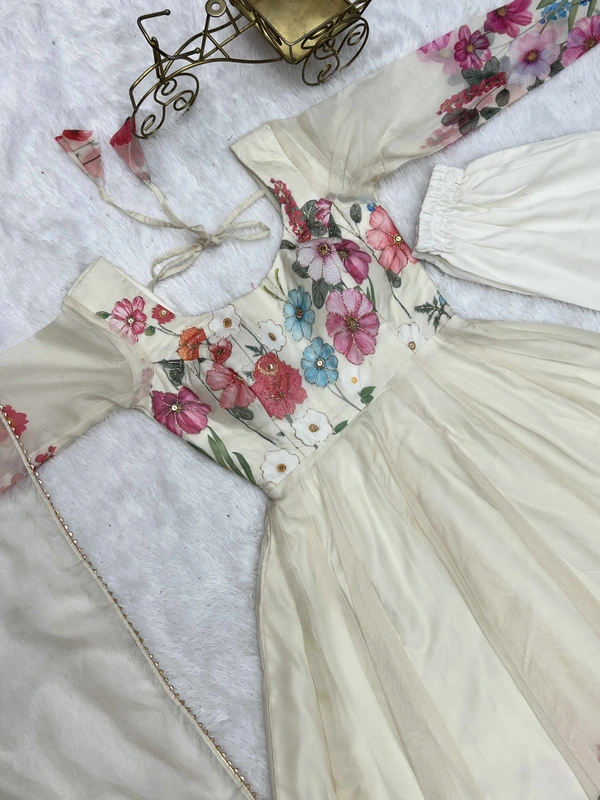 Antique Fashion  REAL MODELING PURE SOFT ORGANJA SILK FABRIC FULLY FLAIR KALI PATTERN AND CANVAS PATTA WITH DUPPTA SET ,PENT READY TO WEAR* - S (36), cream