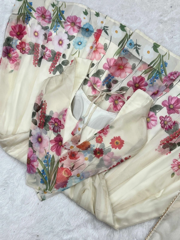 Antique Fashion  REAL MODELING PURE SOFT ORGANJA SILK FABRIC FULLY FLAIR KALI PATTERN AND CANVAS PATTA WITH DUPPTA SET ,PENT READY TO WEAR* - S (36), cream