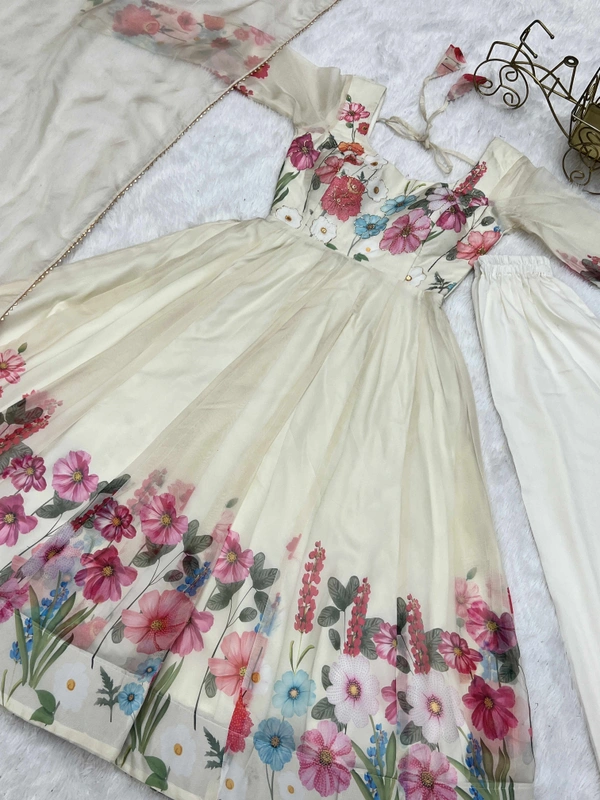 Antique Fashion  REAL MODELING PURE SOFT ORGANJA SILK FABRIC FULLY FLAIR KALI PATTERN AND CANVAS PATTA WITH DUPPTA SET ,PENT READY TO WEAR* - S (36), cream