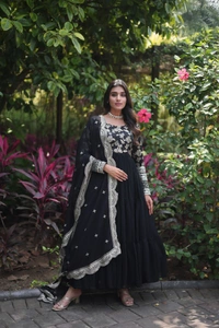 Antique Fashion 1 Faux Blooming gown with Viscose Dyable Jacquard With Sequins Embroidered Work Faux Blooming Dupatta  it will enhance can combine the best parts of western and Indian wear into one stunning ensemble - Black, M (38)