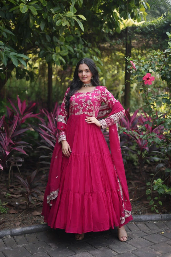Antique Fashion 1 Faux Blooming gown with Viscose Dyable Jacquard With Sequins Embroidered Work Faux Blooming Dupatta  it will enhance can combine the best parts of western and Indian wear into one stunning ensemble - rani, Xxl (44)