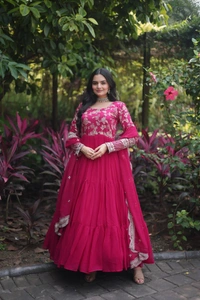 Antique Fashion 1 Faux Blooming gown with Viscose Dyable Jacquard With Sequins Embroidered Work Faux Blooming Dupatta  it will enhance can combine the best parts of western and Indian wear into one stunning ensemble - rani, Xxl (44)