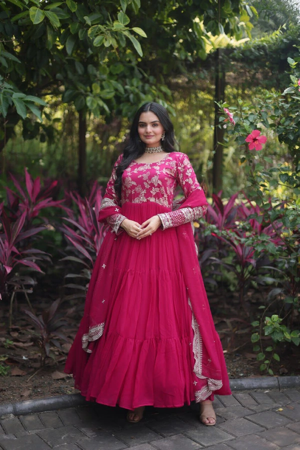Antique Fashion 1 Faux Blooming gown with Viscose Dyable Jacquard With Sequins Embroidered Work Faux Blooming Dupatta  it will enhance can combine the best parts of western and Indian wear into one stunning ensemble - rani, Xxl (44)