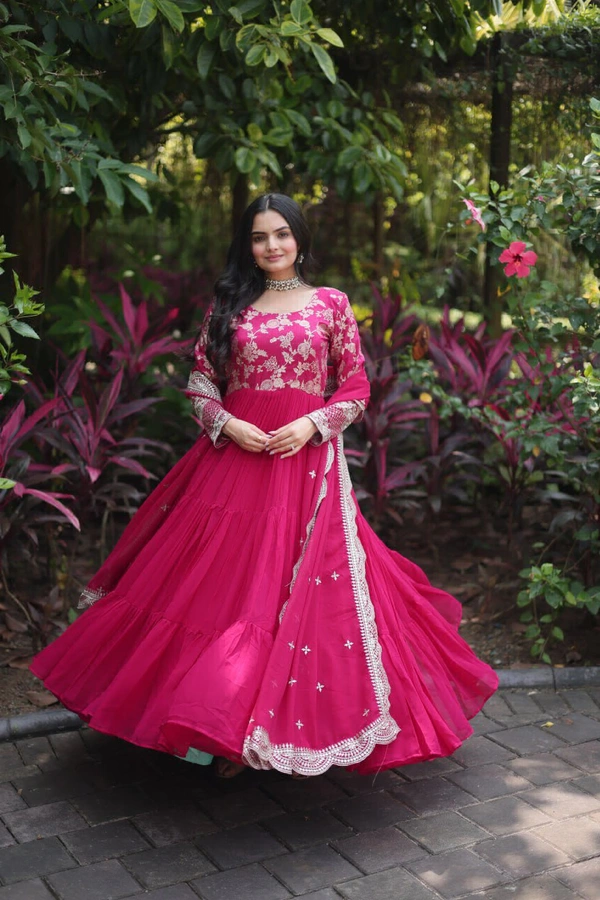 Antique Fashion 1 Faux Blooming gown with Viscose Dyable Jacquard With Sequins Embroidered Work Faux Blooming Dupatta  it will enhance can combine the best parts of western and Indian wear into one stunning ensemble - rani, Xxl (44)