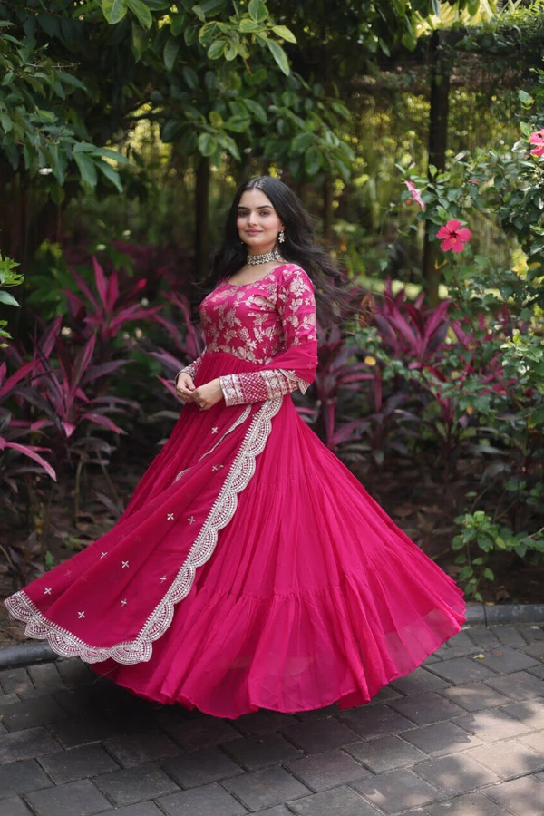 Antique Fashion 1 Faux Blooming gown with Viscose Dyable Jacquard With Sequins Embroidered Work Faux Blooming Dupatta  it will enhance can combine the best parts of western and Indian wear into one stunning ensemble - rani, Xxl (44)