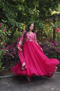 Antique Fashion 1 Faux Blooming gown with Viscose Dyable Jacquard With Sequins Embroidered Work Faux Blooming Dupatta  it will enhance can combine the best parts of western and Indian wear into one stunning ensemble - rani, Xxl (44)