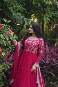 Antique Fashion 1 Faux Blooming gown with Viscose Dyable Jacquard With Sequins Embroidered Work Faux Blooming Dupatta  it will enhance can combine the best parts of western and Indian wear into one stunning ensemble - rani, Xxl (44)