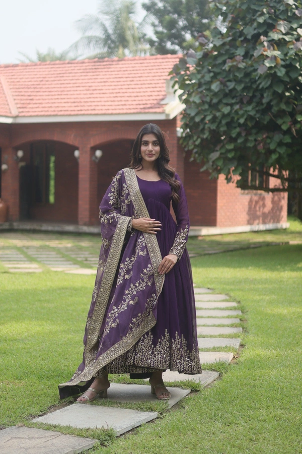 Antique Fashion 1 💃🏼 *Faux Blooming Gown with Dupatta With Attractive Embroidered Sequins work with Lace Border.* 👗 - Purple