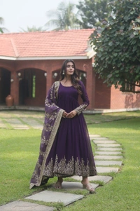 Antique Fashion 1 💃🏼 *Faux Blooming Gown with Dupatta With Attractive Embroidered Sequins work with Lace Border.* 👗 - Purple